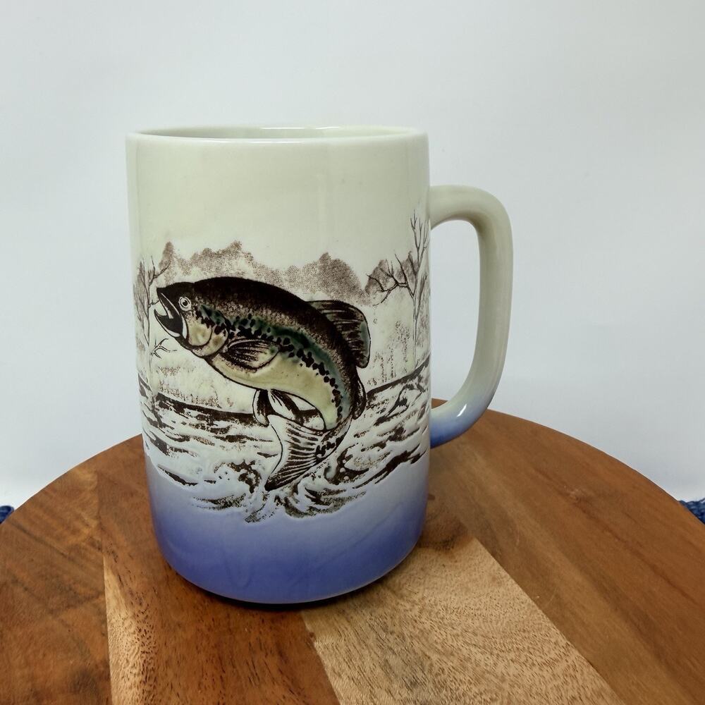 VTG Otagiri Ceramic Coffee Mug Embossed Hand-painted Jumping Bass Fish Design